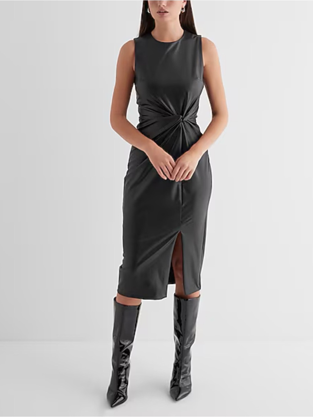 EXPRESS | Women’s Body Contour Faux Leather Twist Front Midi Dress